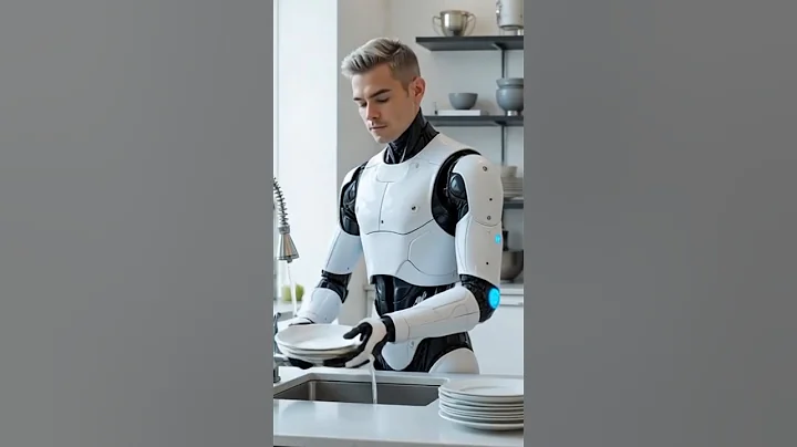 Futuristic Male Humanoid Robot Washing Dishes in Modern Kitchen #robots