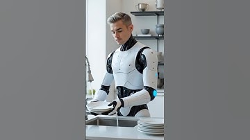 Futuristic Male Humanoid Robot Washing Dishes in Modern Kitchen #robots