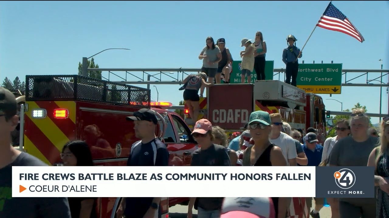 Fire crews battle blaze as community honors fallen - YouTube