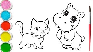 Draw Cat & Hippo  Coloring For Kids & Toddlers I Kids Colour & World 💕🦄 #drawingtutorial #kids