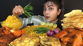 EATING DAL KHICHADI EGG OMELET VEGETABLE PAKODE WITH PAPAD | ASMR MUKBANG | INDIAN BIG BITES SHOW