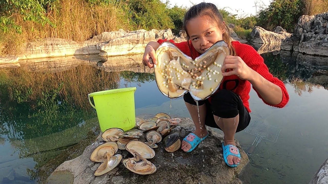 开蚌,珍珠蚌,在野塘里找到比头还大的河蚌，（ Wild treasure hunting）发现里面不少珍珠【Pearl Girl 】