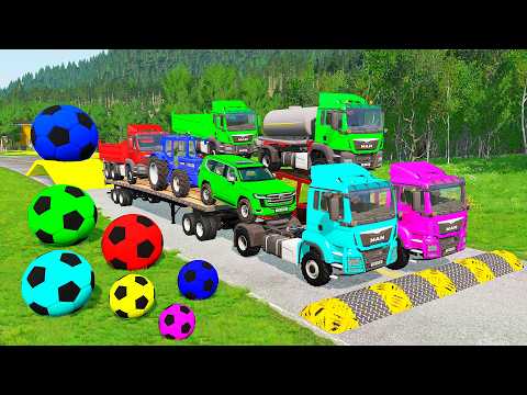 Flatbed Trailer McQueen Transportation with Truck - Speedbumps vs Cars vs Train - BeamNG.Drive #1