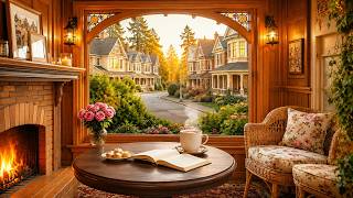 Jazz Study Music ☕ Cozy Fireplace Cafe & Spring Sunset | Focus · Relaxation