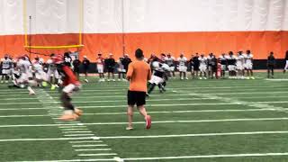 Joe Burrow scrambles to find Chase Brown Tuesday in practice 