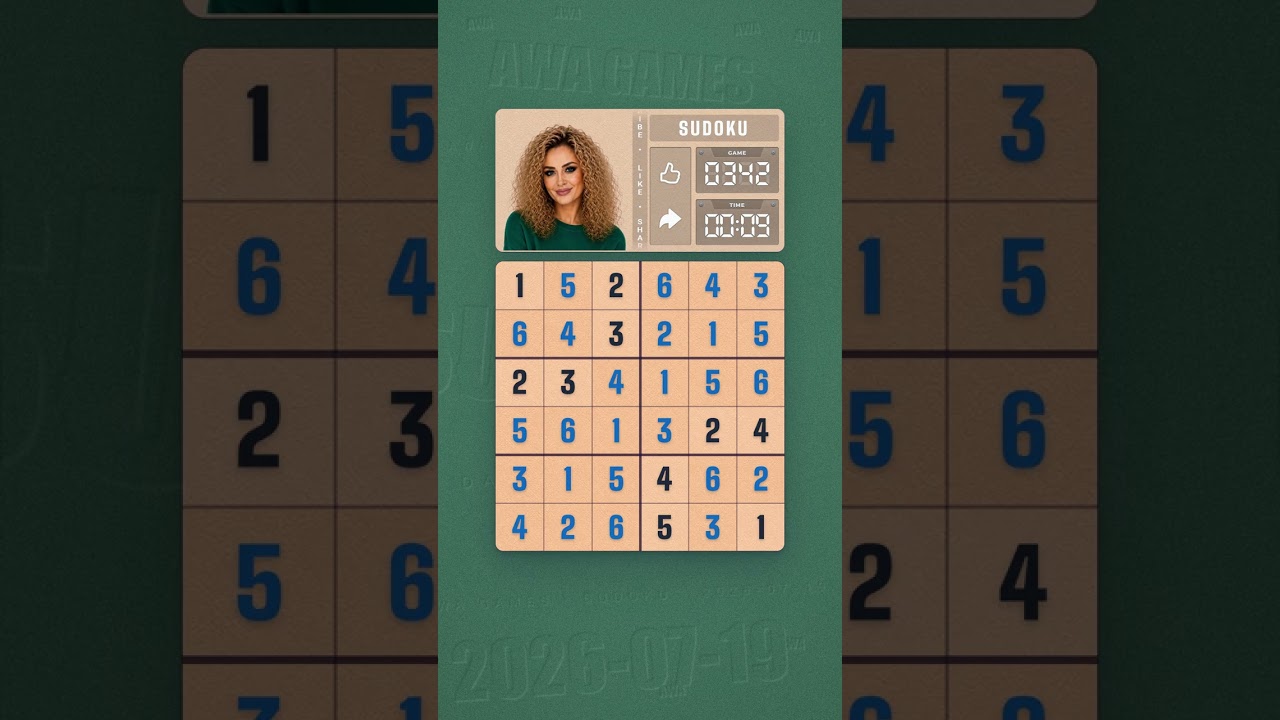 LinkedIn Mini Sudoku #342 solved board for July 19, 2026, 6x6 grid