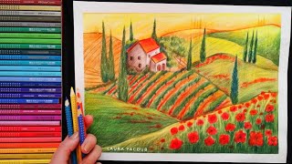 كيف ارسم منظر طبيعي بالالوان الخشبية |how to draw landscape with colored pencils