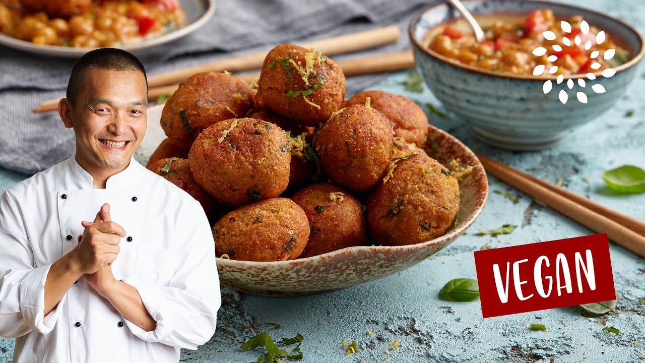 KNUSPRIGE KARTOFFEL-KICHERERBSEN-BÄLLCHEN – mit pikanter Linsen-Sauce