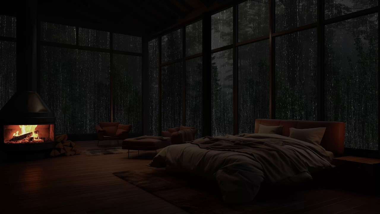 Sons relaxantes de chuva e chuva na floresta tropical em cabana aconchegante com lareira para dormir