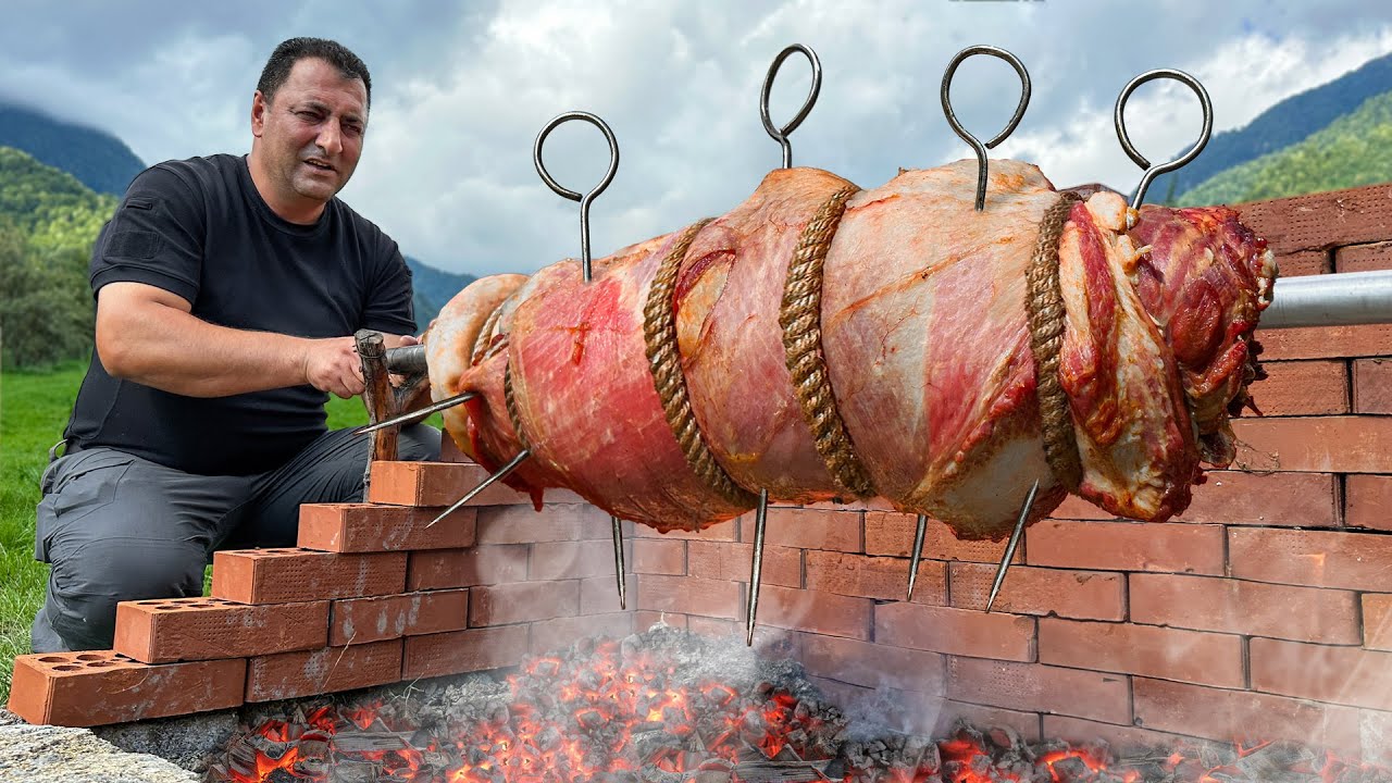 ⁣Tender Beef Roll With Cheese Baked On A Fire! Crispy Crust With Cheese Inside