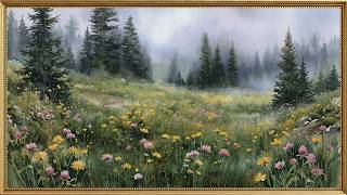 Misty Forest Meadow Watercolor Painting | Wildflower Mountain Valley Landscape | Frame TV Art 4K screenshot 4