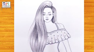 رسم سهل | تعليم رسم بنت كيوت مع شعر طويل بالرصاص خطوه بخطوه للمبتدئين بطريقة سهلة | رسم بنات كيوت