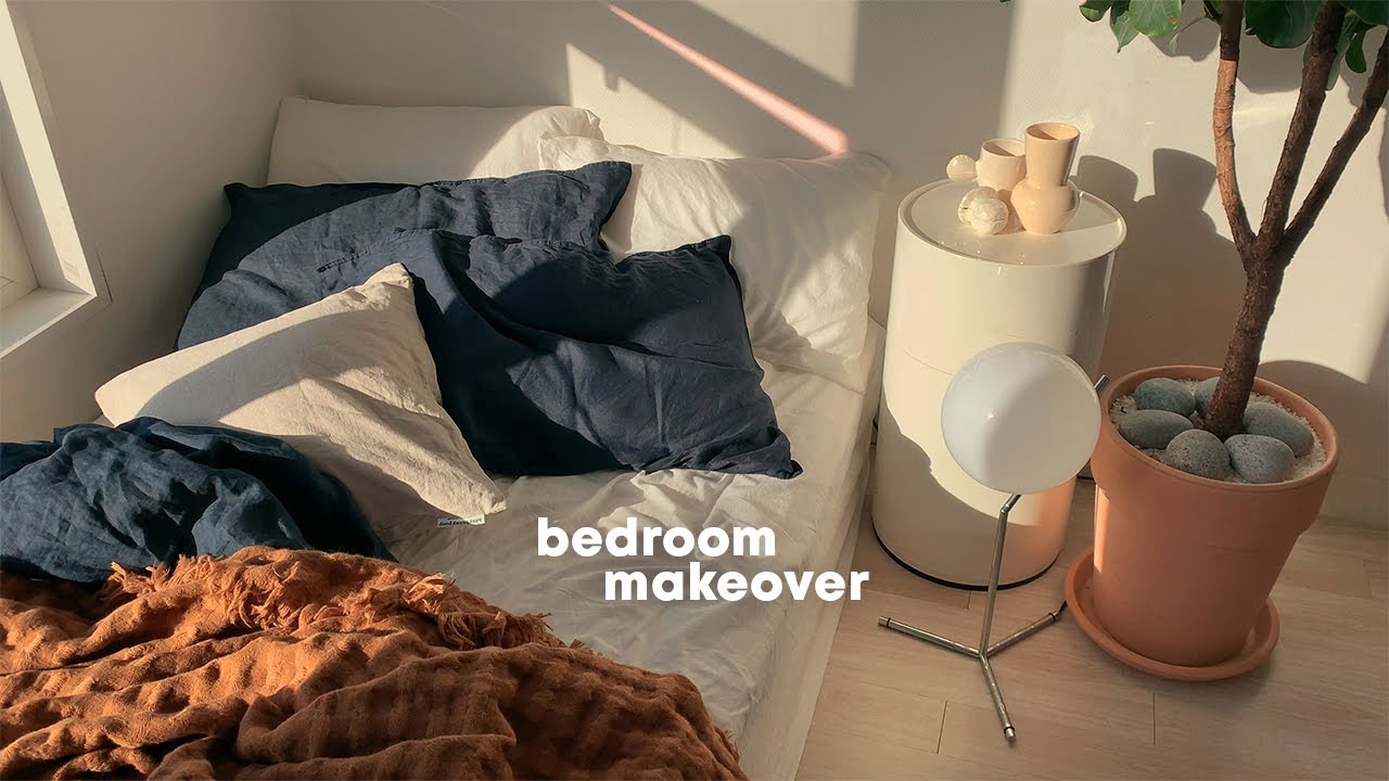 가을/겨울맞이 침실공간 새단장하기 (나의 매트리스 이야기, 네이비색 빈티지 린넨 이불커버, 블라인드 커튼 설치하기, 원룸 인테리어) | Bedroom Makeover