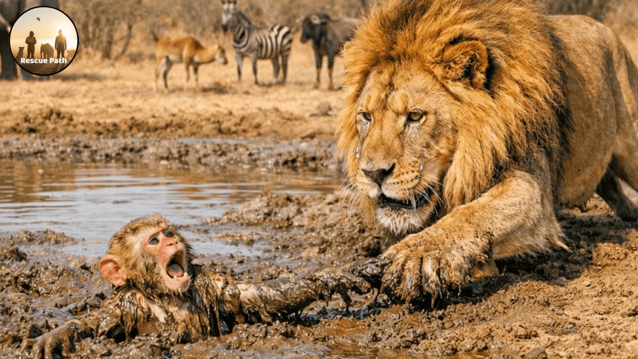 Animal Rescue: Brave Lion Saves Baby Monkey From Deadly Mud Trap #257