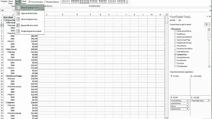 How to Flatten and repeat Row Labels in a Pivot Table