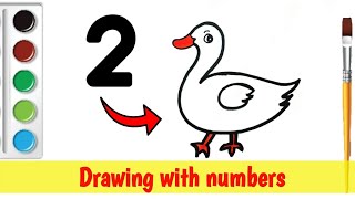 Drawing Duck with number 2 easy step by step for kids and Toddlers