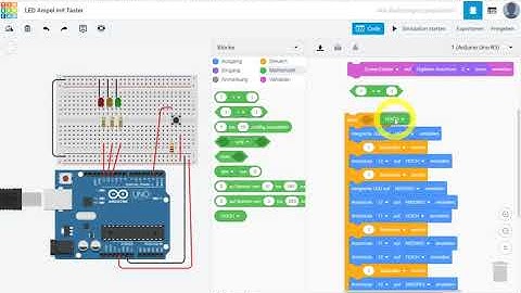 LED-Ampel mit einem Taster steuern. Arduino mit Tinkercad programmieren