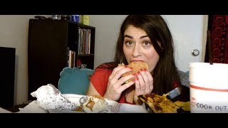 Cookout Mukbang CHILI CHEESE FRIES, DOUBLE BURGER, and ONION RINGS