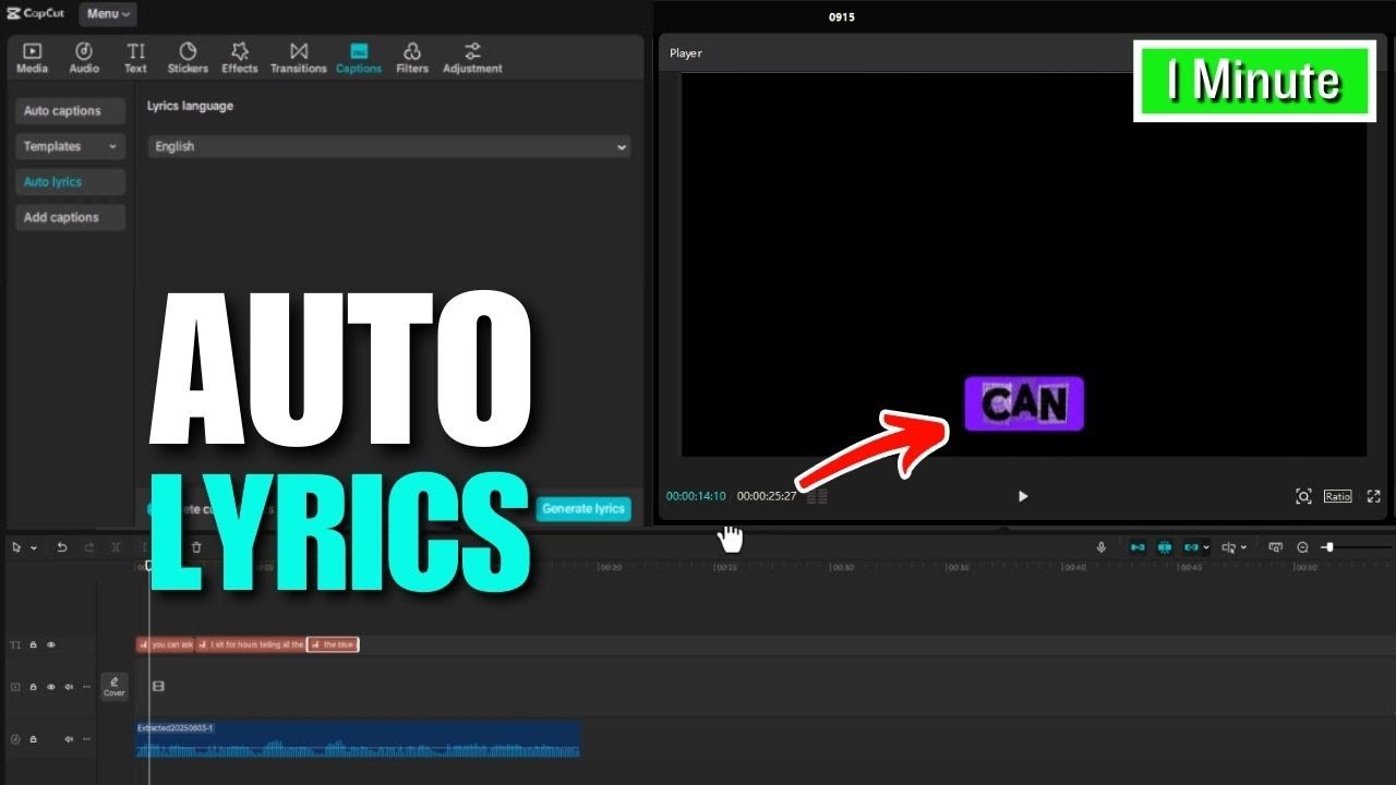 Как добавить автоматический текст песни в CapCut на ПК | Автоматические субтитлы в CapCut
