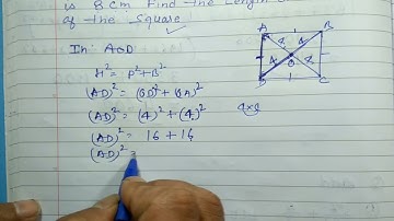 If the length of a diagonal ofa square is 8 cm Find the length of a the side of the square