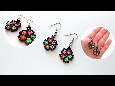 Kum boncuktan çiçekli küpe yapımı. Beaded flower earrings making. Beading tutorial.