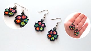 Kum Boncuktan Çiçekli Küpe Yapımı. Beaded Flower Earrings Making. Beading Tutorial.