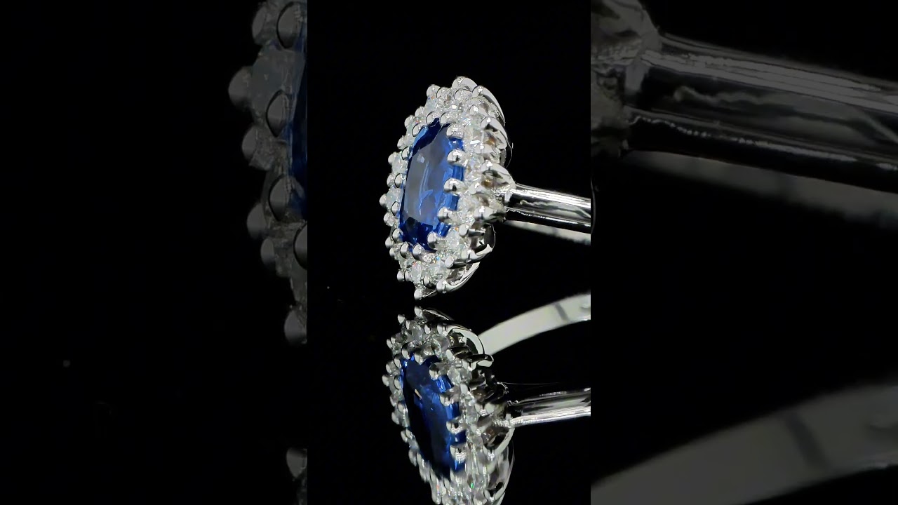 Oval Sapphire Halo Ring In 18K White Gold With 1.01 Ct Sapphire Center - Orogem Jewelers
