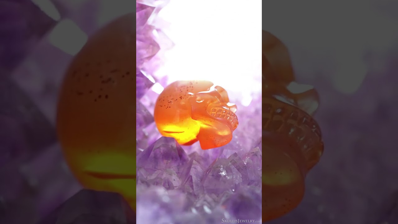 1.1" Carnelian Carved Gem Skull, Skullis Realistic