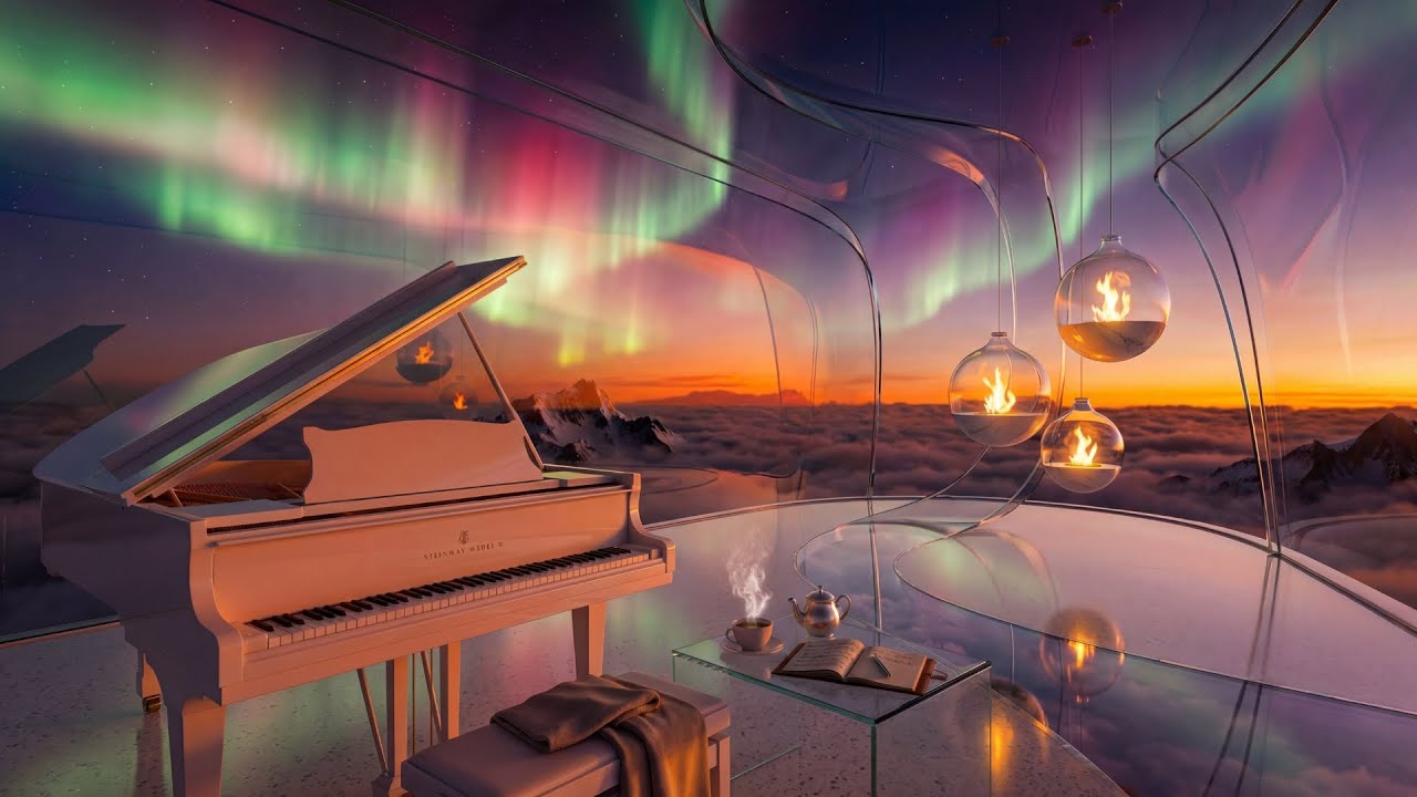 Floating Above the Clouds ☁️ Ethereal Piano & Hanging Fire | Sunrise Aurora Ambience | 1 Hour [4K]