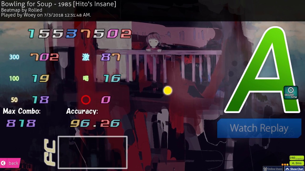 osu! | Woey | Bowling for Soup - 1985 [Hito's Insane] +DT 96.26% Second DT FC #4 224pp