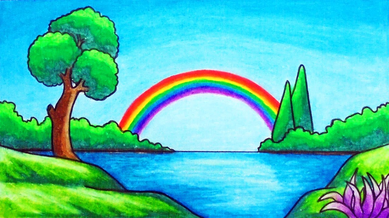 Срисовки природы легко. Летний пейзаж с радугой. Рисунок лето. Пейзаж легкий для детей. Рисунок на тему Радуга.