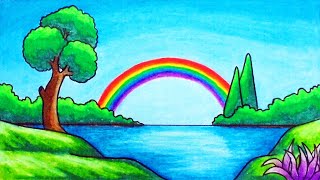 draw easy drawing lake rainbow scenery oil step