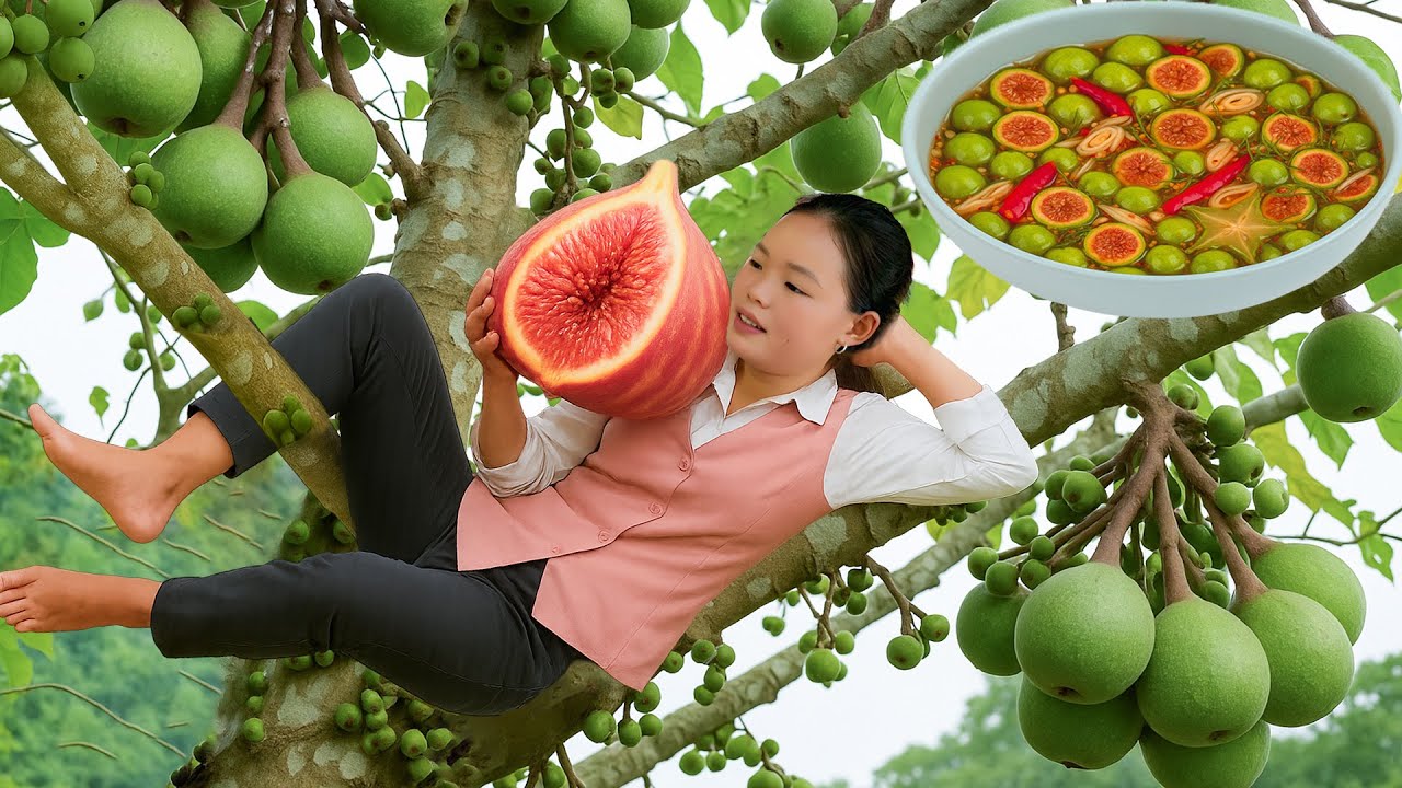 Harvesting wild fruits soaked in garlic and chili to sell at the market and making delicious grilled