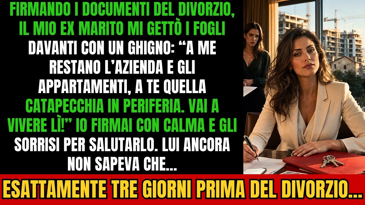 Mentre firmavo i documenti del divorzio, Sergio mi lanciò l’ultimo foglio dall’altra parte del tavolo con un sorriso di trionfo. “A me l’azienda e gli appartamenti. A te quella catapecchia in...