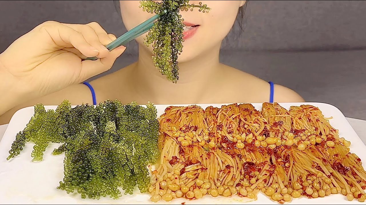 ASMR SEA GRAPES COLLECTION | EATING SEA GRAPES WITH ENOKI MUSHROOMS, CUCUMBERS | ASMR EATING SOUNDS