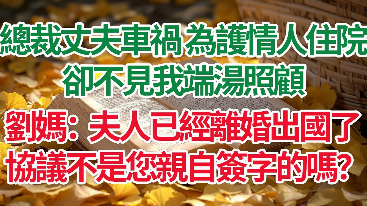 總裁丈夫車禍 為護情人住院，卻不見我端湯照顧，劉媽：夫人已經離婚出國了，協議不是您親自簽字的嗎？#情感故事 #渣男 #離婚 #因果報應