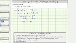 Solve a Linear Equation with Parentheses -2(x-8)+14=75-21