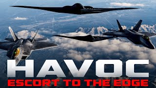 F-22 Raptors escort a pair of B-2 Spirit bombers to a phase line near an enemy country.