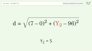 Find the distance between two points p1 (0,96) and p2 (7,5): Step-by-Step Video Solution