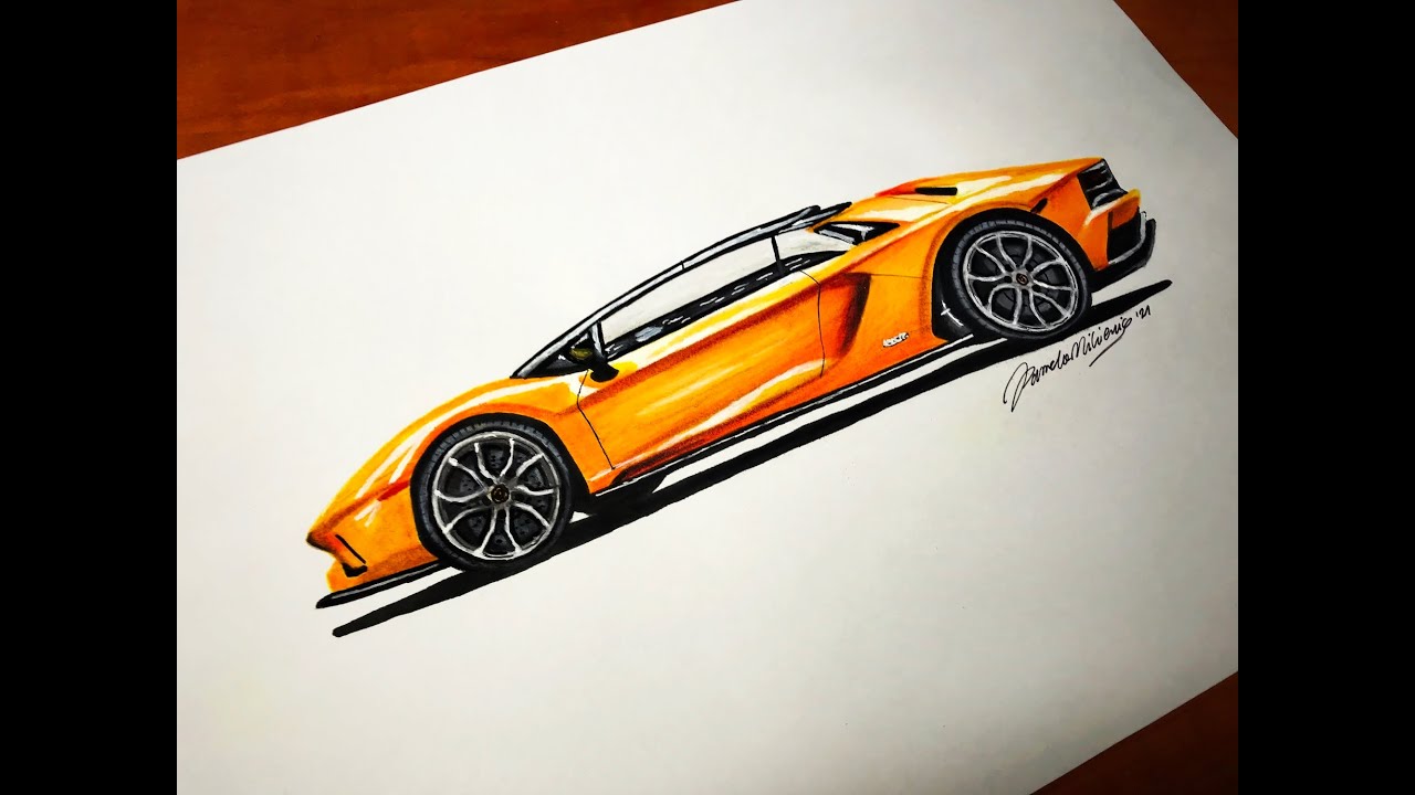 Easy drawing of orange Lamborghini - Car drawing for beginner, Step by Step Mixed Media Art