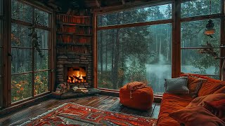 Lakeside Wooden Room In Rainy Ambience ⛈ Rain On Window, Thunder and Fireplace Sound For Deep Sleep