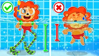 Lion Family | Baby! Long Legs vs Short Legs! Safety Regulations in Swimming Pools For Kids