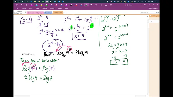 Solve exponential equations: 2^x=8, 2^x=1/16, 4^x=8^(x+1), 4^x=7, and 3^(x-1)=5^x