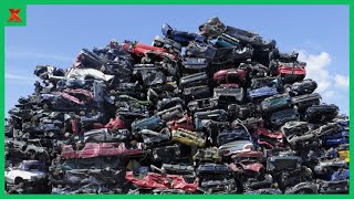 The Fate of EndofLife Vehicle. Car Recycling Process. Car Crush Machine and Steel Shear