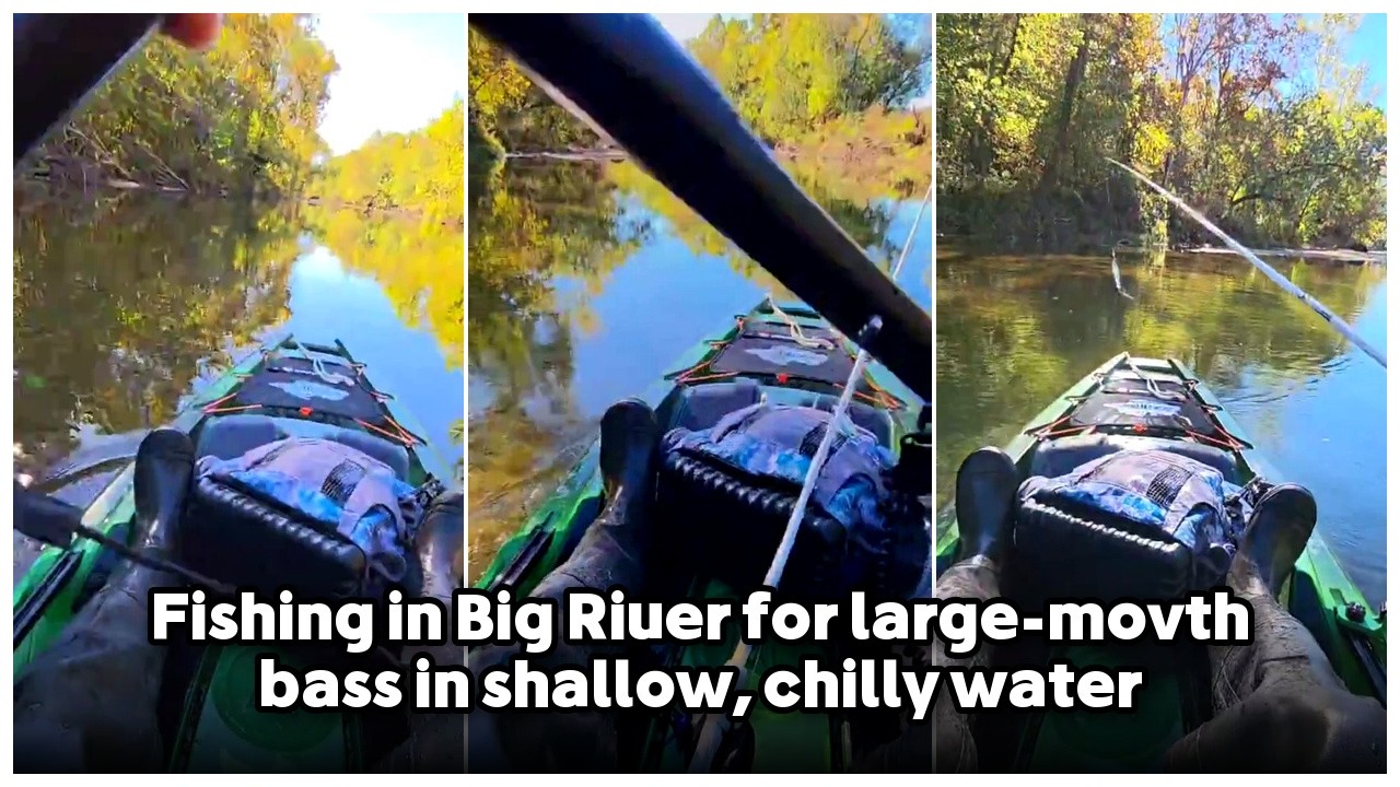 Fishing in Big River for large-mouth bass in shallow, chilly water