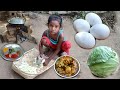 Egg with cabbage recipe village style  cooking by santali child  rural village india village food