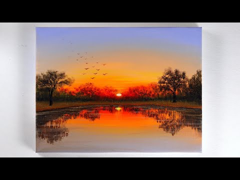 Sunset Painting | Sunset Reflection Painting | Sunset on the Lake Acrylic Painting