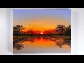 Sunset painting  sunset reflection painting  sunset on the lake acrylic painting