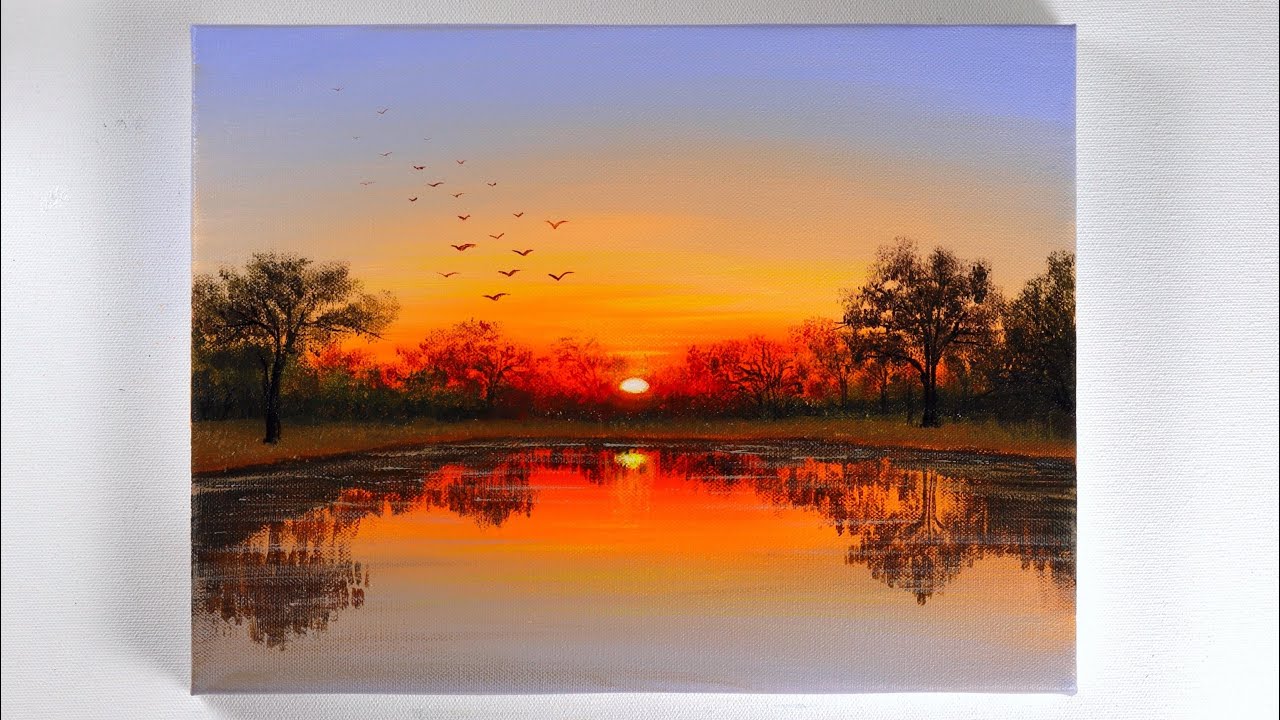 Sunset Painting | Sunset Landscape Painting | Sunset on the Lake ...