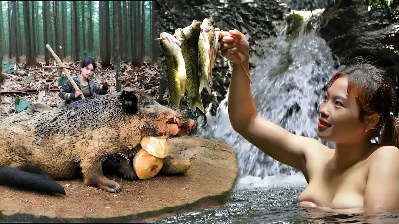 打野豬，抓河魚叉泥鰍，對戰鱷魚，極品妹子荒野打野真是瘋狂，烤肉吃到嗨！